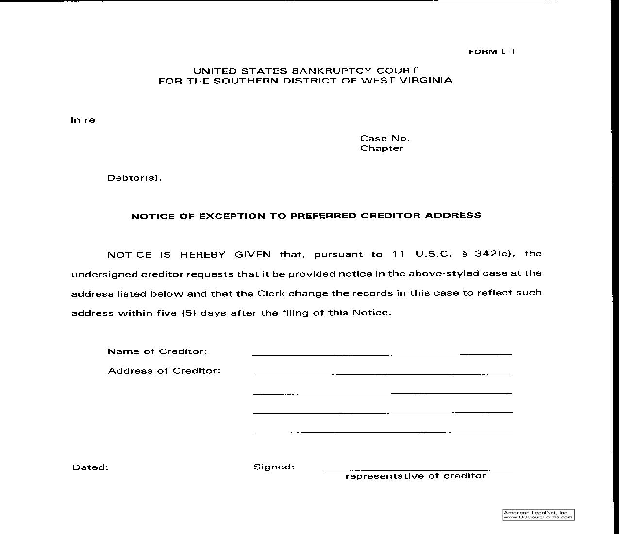 Notice Of Exception To Preferred Creditors Address | Pdf Fpdf Doc Docx | West Virginia