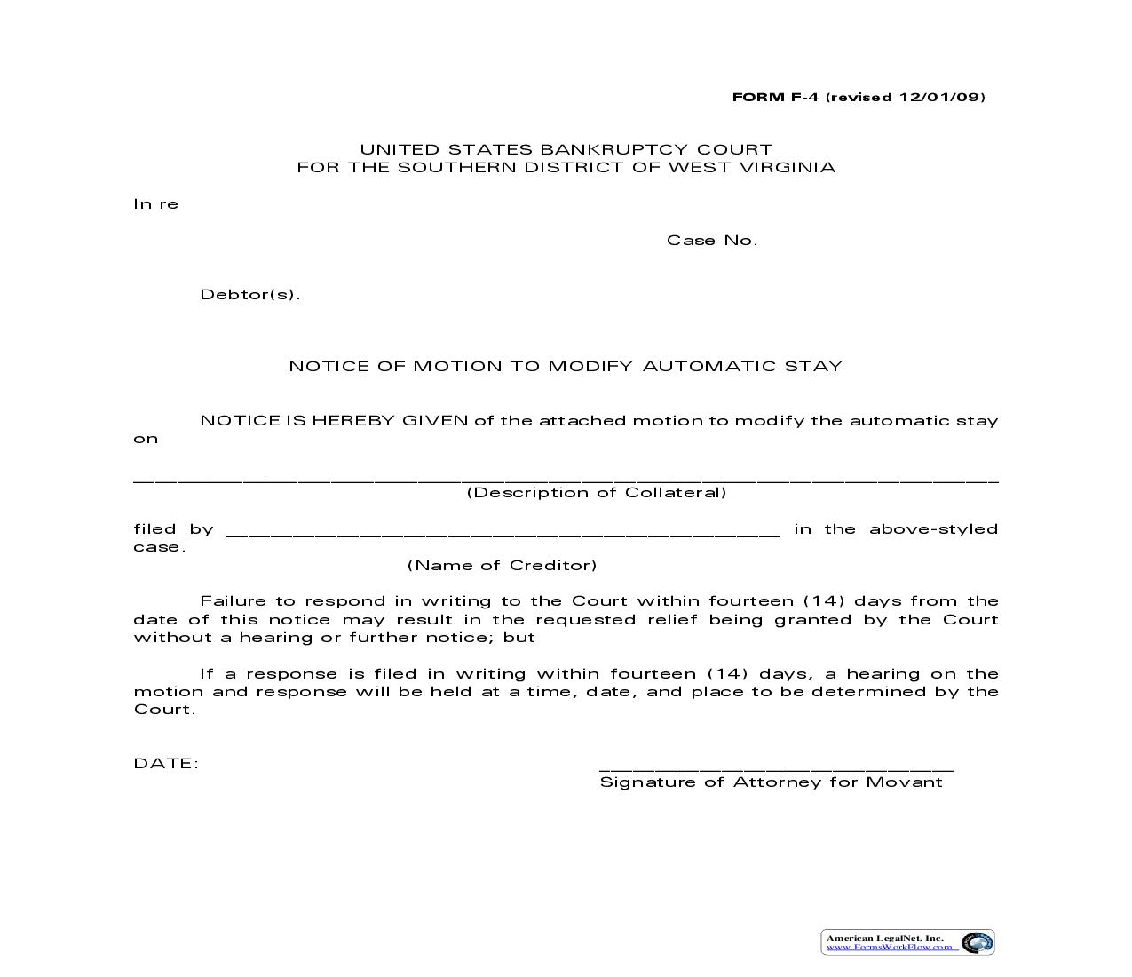 Notice Of Motion To Lift-Terminate-Modify Automatic Stay {F-4} | Pdf Fpdf Doc Docx | West Virginia
