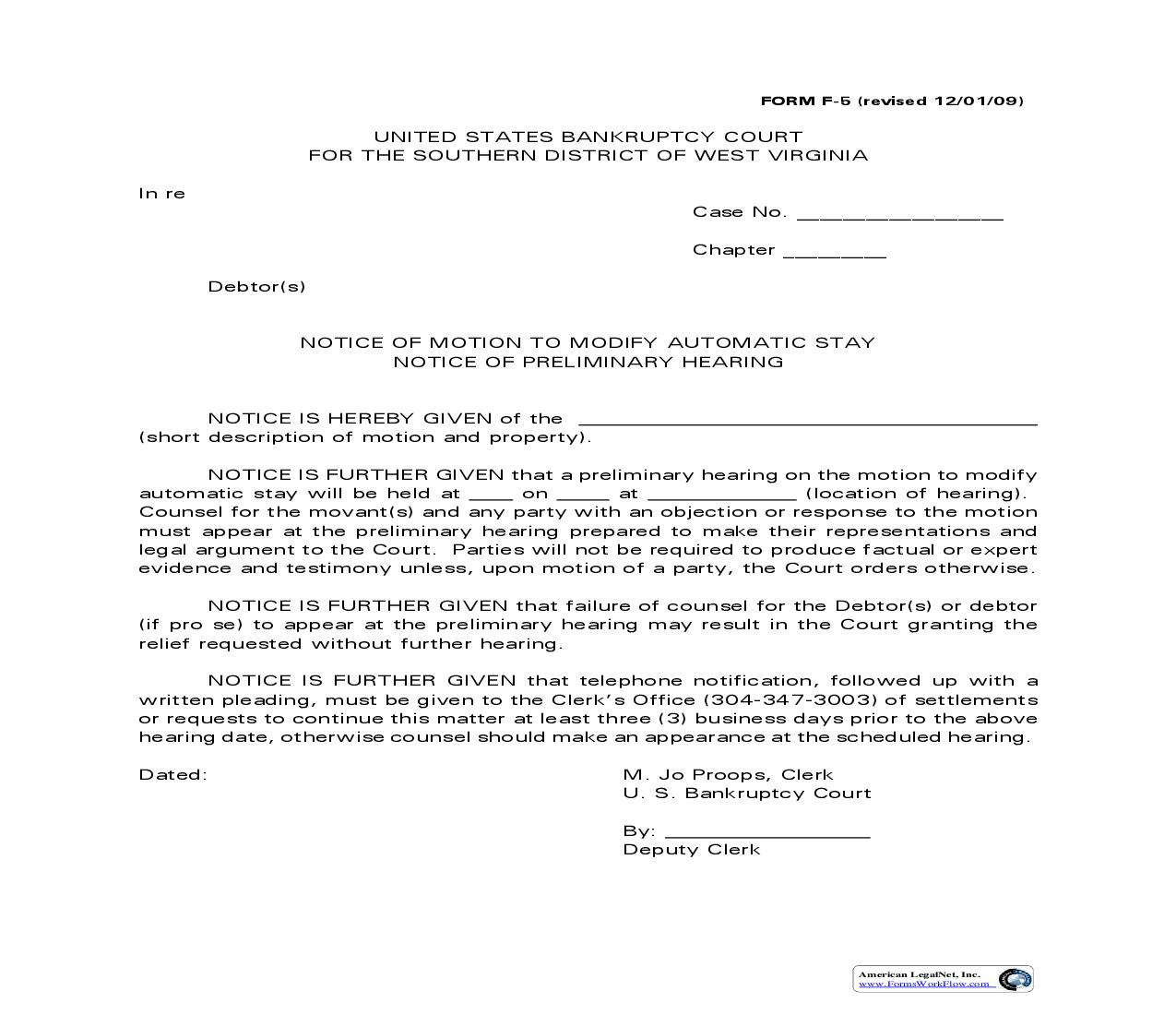 Notice Of Motion To Modify Automatic Stay Notice Of Preliminary Hearing {F-5} | Pdf Fpdf Doc Docx | West Virginia