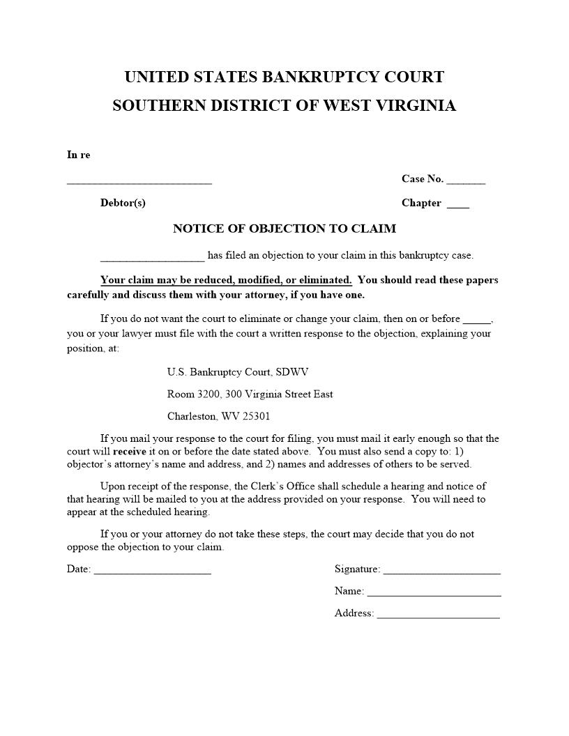 Notice Of Objection To Claim | Pdf Fpdf Docx | West Virginia