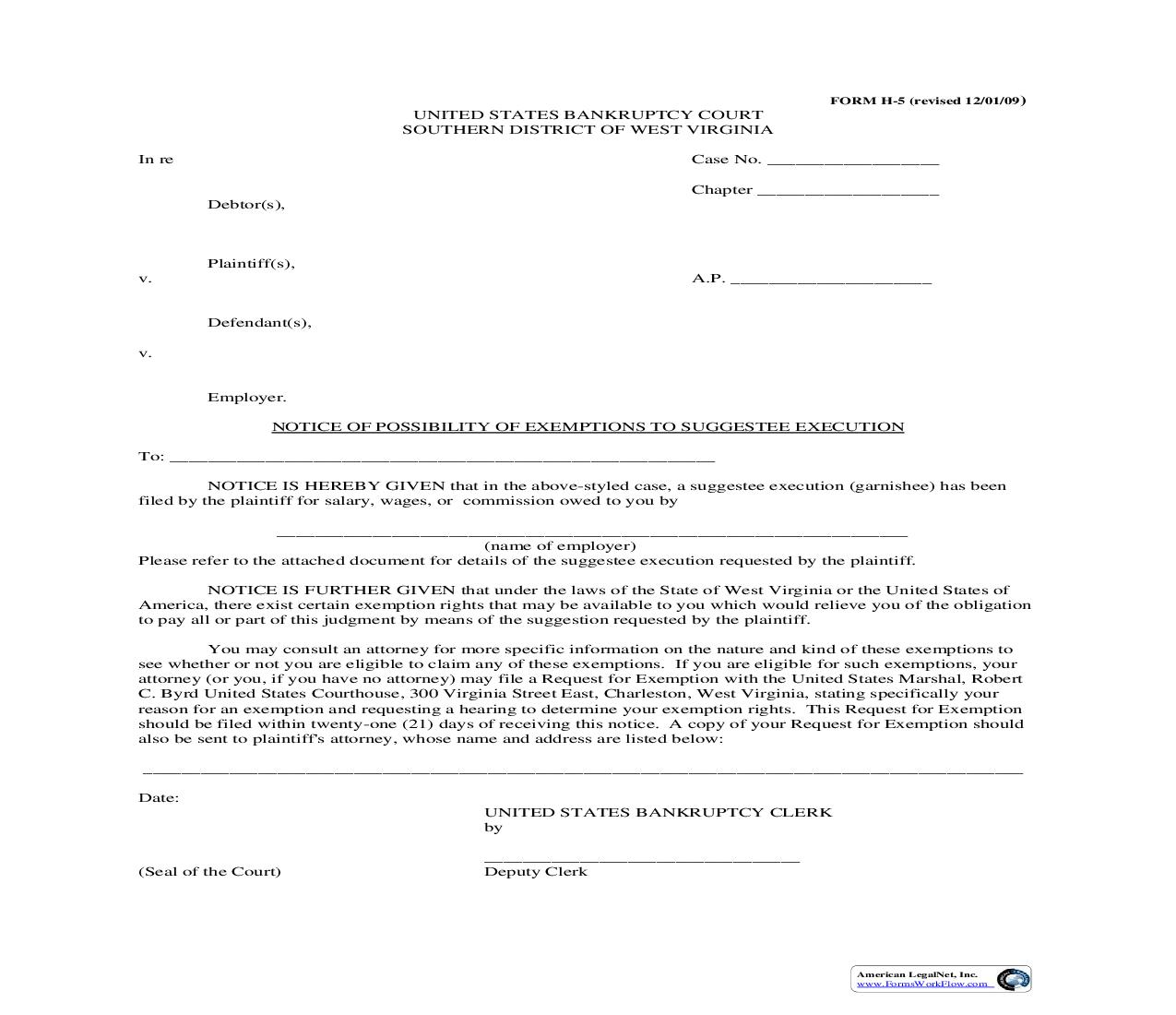 Notice Of Possibility Of Exemptions To Suggestee Execution {H-5} | Pdf Fpdf Doc Docx | West Virginia