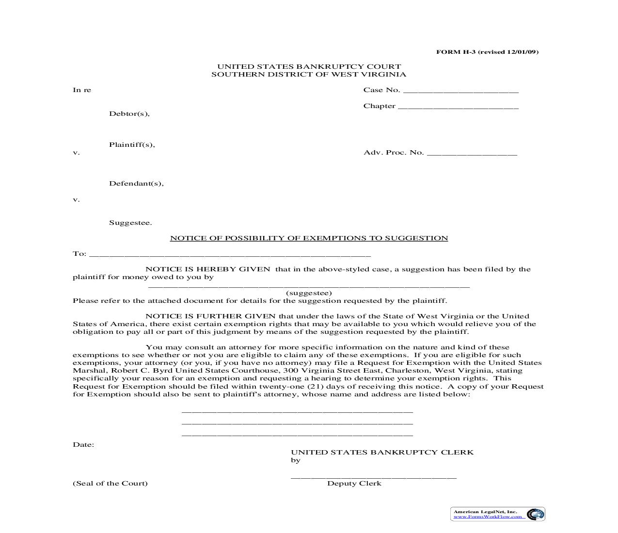 Notice Of Possibility Of Exemptions To Suggestion {H-3} | Pdf Fpdf Doc Docx | West Virginia