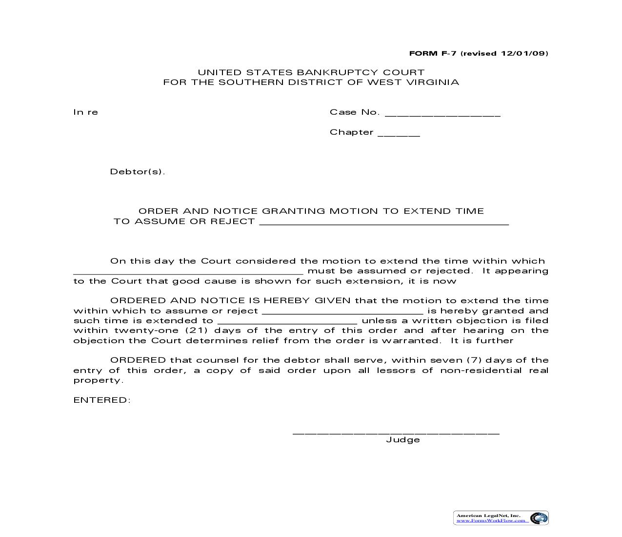 Order And Notice Granting Motion To Extend Time To Assume Or Reject {F-7} | Pdf Fpdf Doc Docx | West Virginia