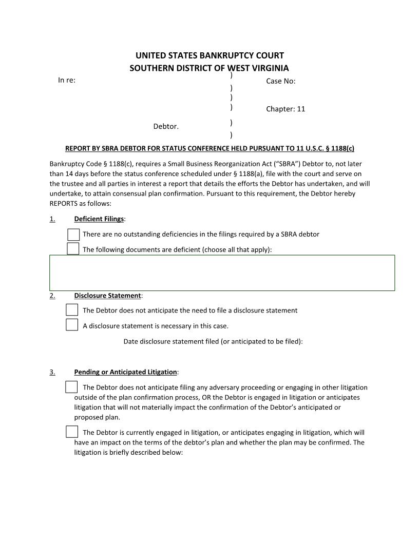 Pre-Status Report For Small Business Chapter 11 Subchapter V | Pdf Fpdf Docx | West Virginia