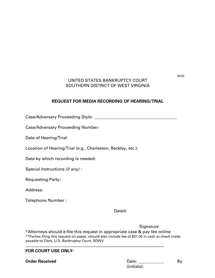 Request For Media Recording Of Hearing Or Trial | Pdf Fpdf Doc Docx | West Virginia