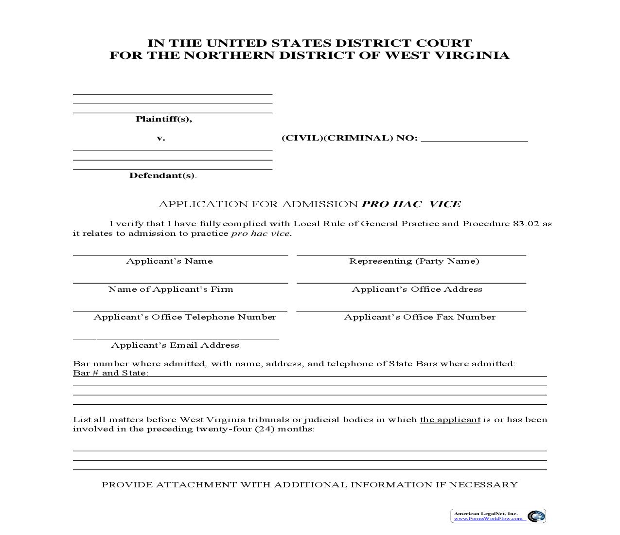 Application For Admission Pro Hac Vice | Pdf Fpdf Doc Docx | West Virginia