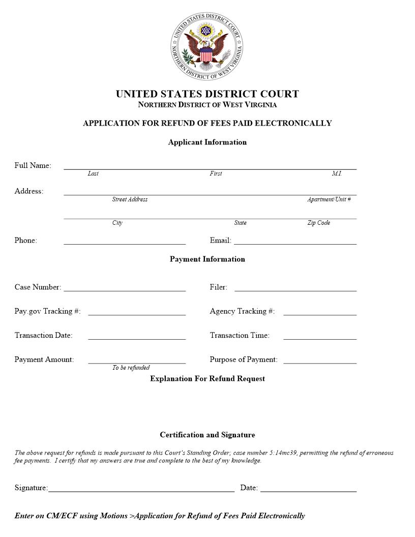 Application For Refund Of Fees Paid Electronically | Pdf Fpdf Docx | West Virginia