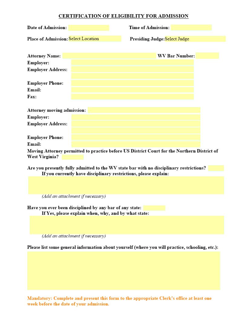 Certification Of Eligibility For Admission | Pdf Fpdf Docx | West Virginia