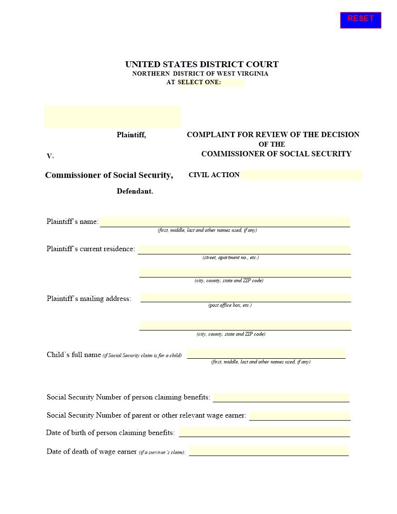 Complaint For Review Of The Decision Of The Commissioner Of Social Security | Pdf Fpdf Docx | West Virginia