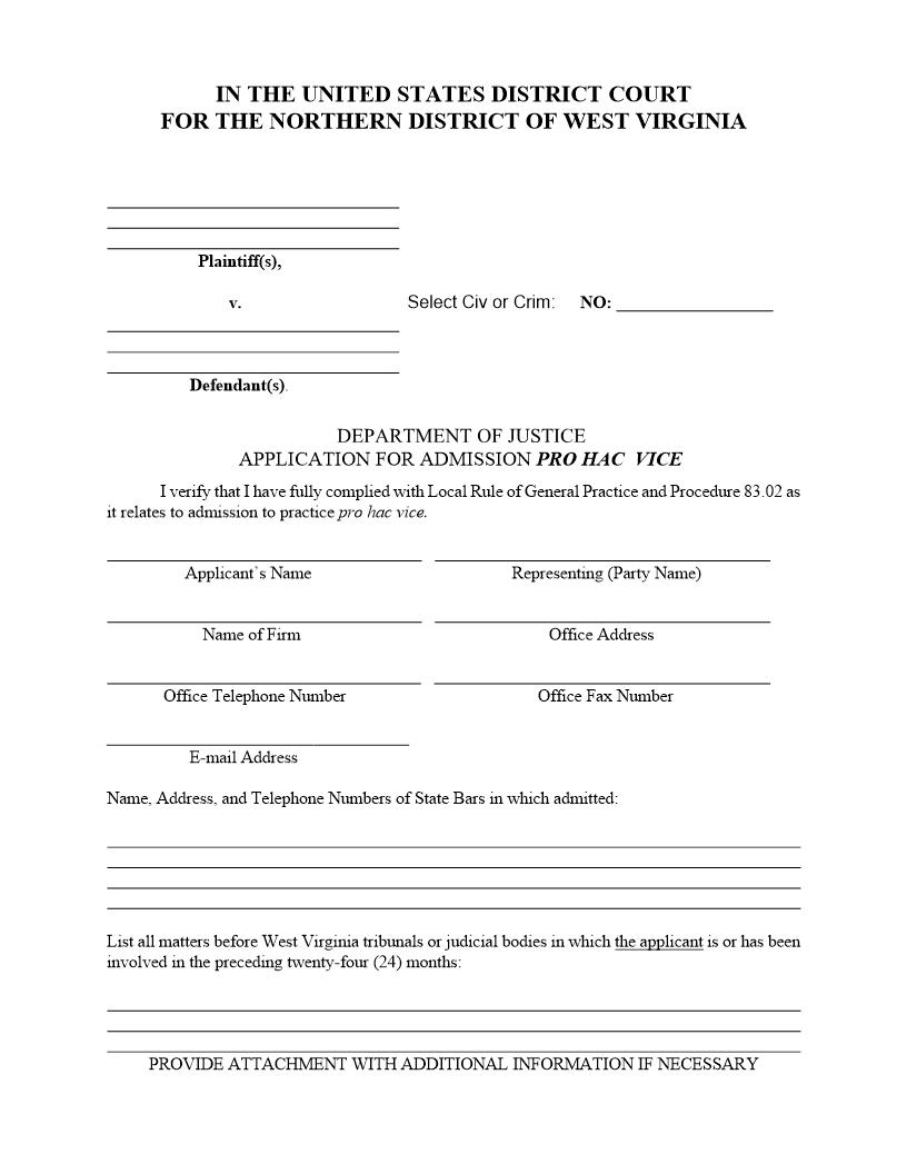 DOJ Attorney Application For Admission Pro Hac Vice And Order | Pdf Fpdf Docx | West Virginia