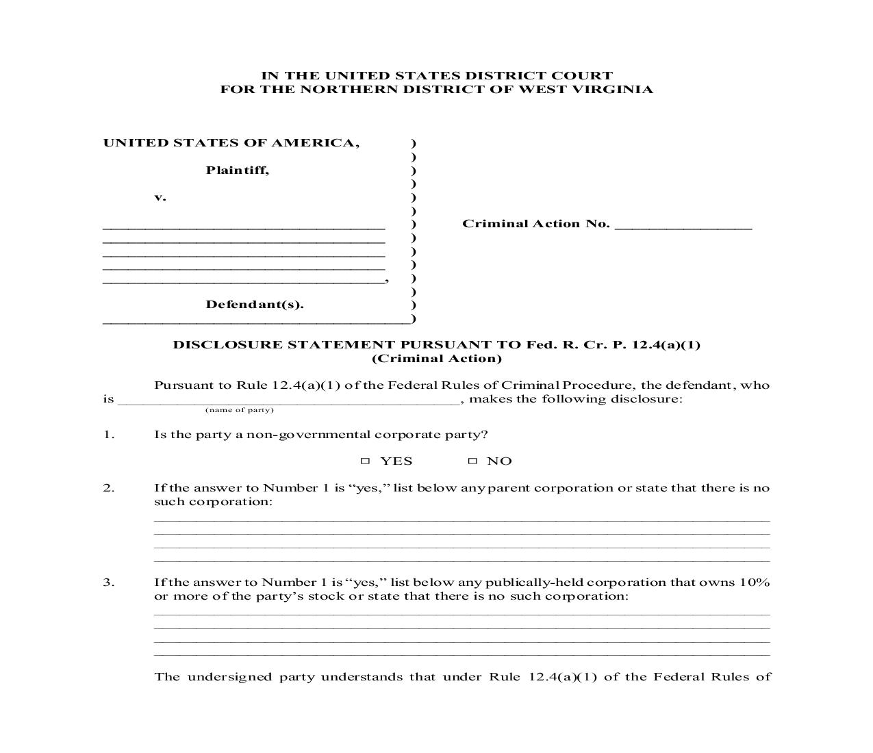 Disclosure Statement (Criminal Action) | Pdf Fpdf Doc Docx | West Virginia