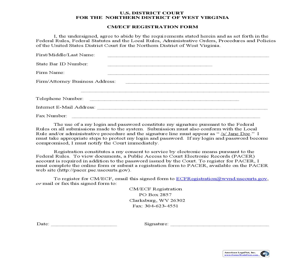 Electronic Case Filing System  Registration Form | Pdf Fpdf Doc Docx | West Virginia