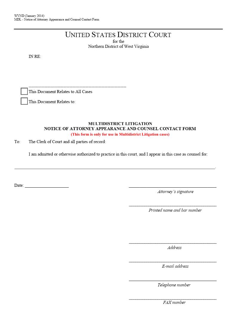 Multidistrict Litigation Notice Of Attorney Appearance And Counsel Contact Form | Pdf Fpdf Docx | West Virginia
