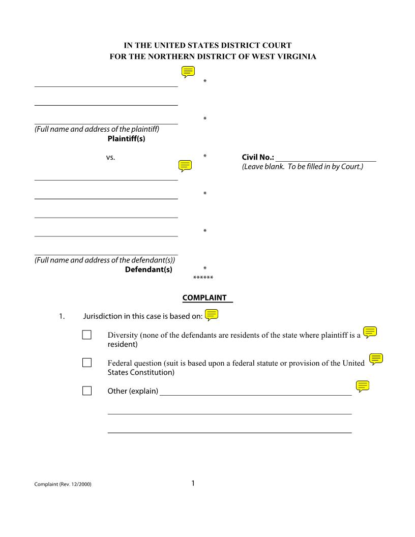 Non-Prisoner General Civil Complaint Form | Pdf Fpdf Docx | West Virginia