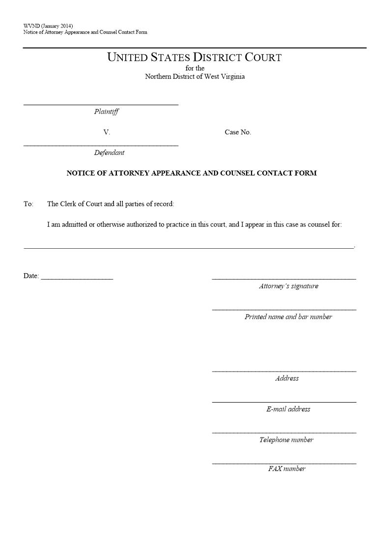 Notice Of Attorney Appearance And Counsel Contact Form | Pdf Fpdf Docx | West Virginia