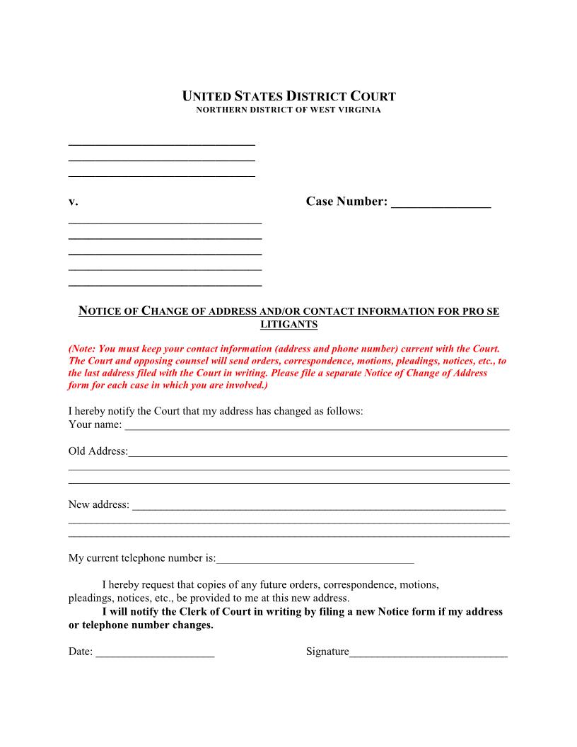 Notice Of Change Of Address And-Or Other Contact Information (Pro Se) | Pdf Fpdf Docx | West Virginia