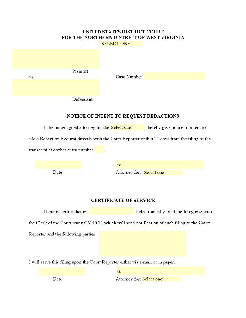 Notice Of Intent To Request Redaction | Pdf Fpdf Docx | West Virginia