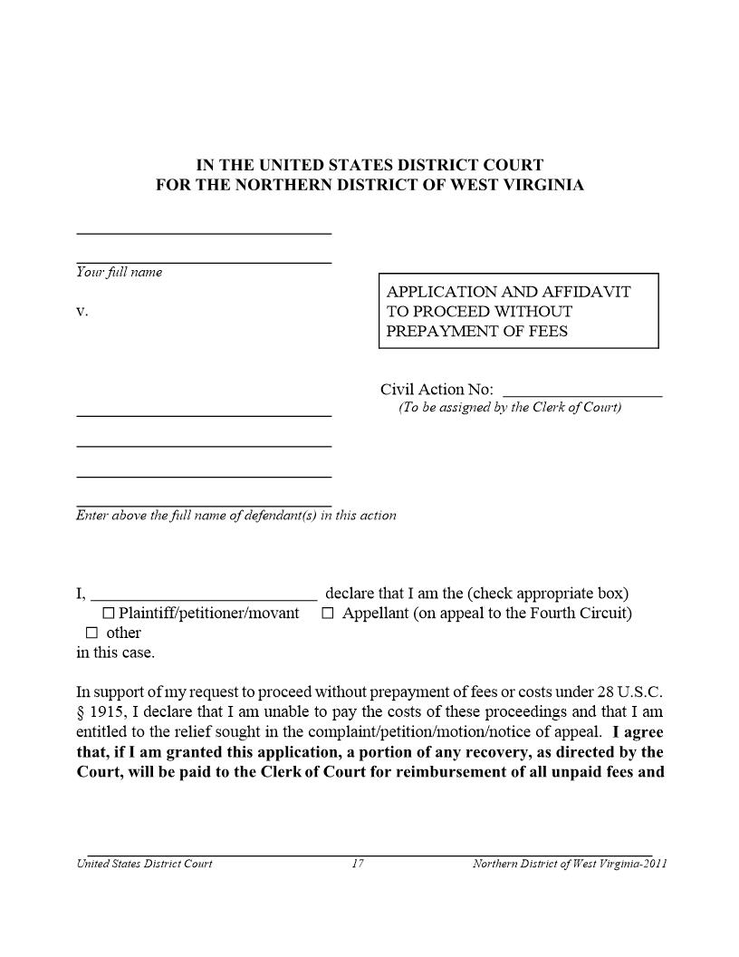 Petition And Affidavit To Pay Without Prepayment Of Fees (IFP) | Pdf Fpdf Docx | West Virginia