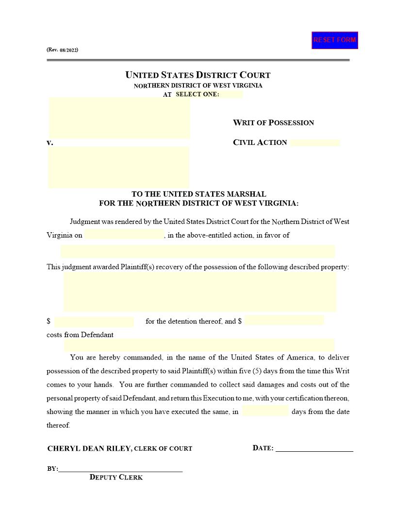 Writ Of Possession | Pdf Fpdf Docx | West Virginia