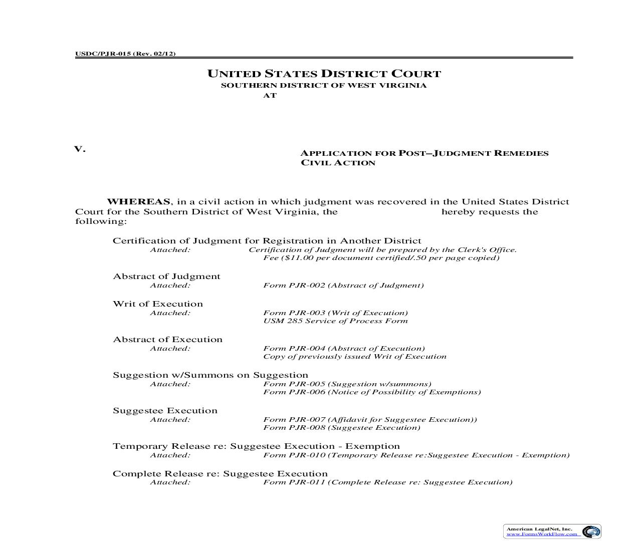 Application For Post-Judgment Remedies Civil Action {PJR-015} | Pdf Fpdf Doc Docx | West Virginia