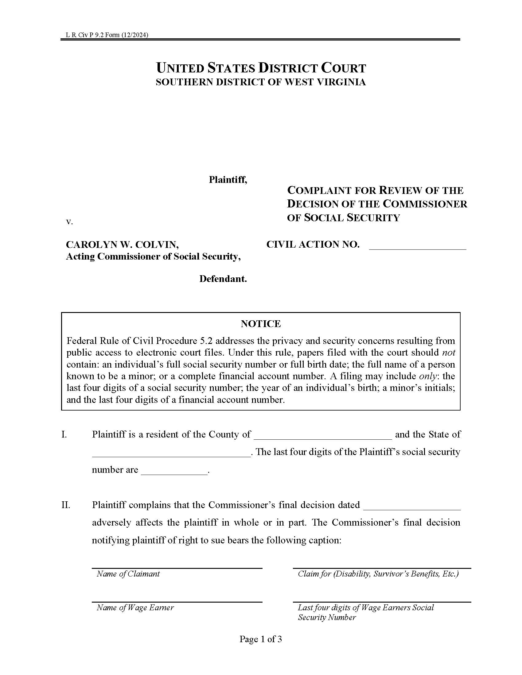 Complaint For Review Of The Decision Of The Commissioner Of Social Security | Pdf Fpdf Docx | West Virginia