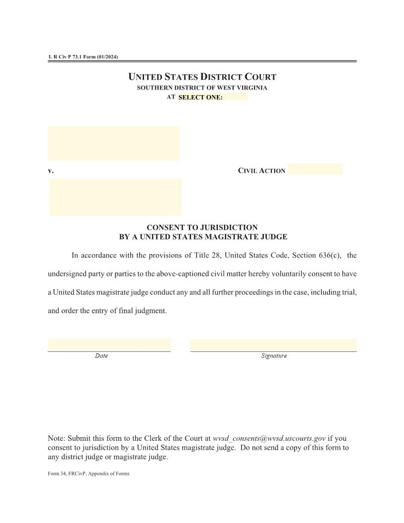 Consent To Jurisdiction By United States Magistrate Judge {34} | Pdf Fpdf Doc Docx | West Virginia