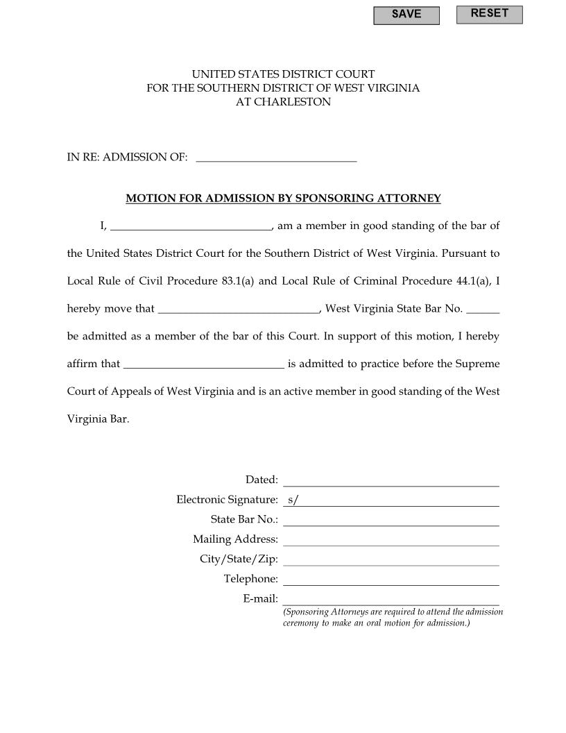 Motion For Admission By Sponsoring Attorney | Pdf Fpdf Docx | West Virginia