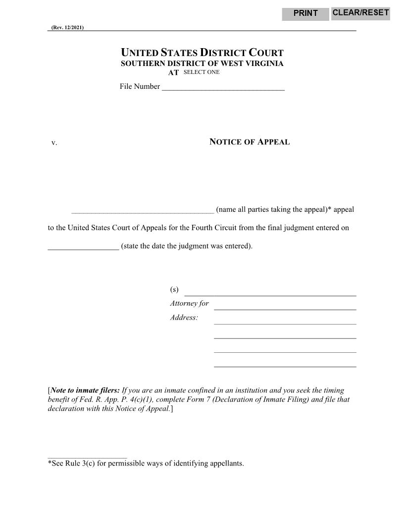 Notice Of Appeal | Pdf Fpdf Docx | West Virginia