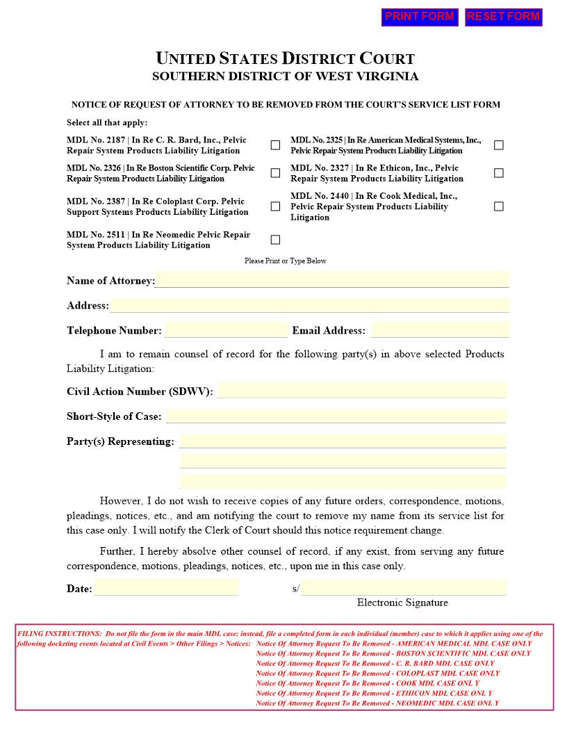 Notice Of Request Of Attorney To Be Removed From The Courts Service List | Pdf Fpdf Docx | West Virginia