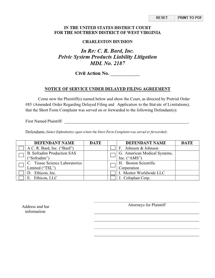 Notice Of Service Under Delayed Filing Agreement (MDL 2187) | Pdf Fpdf Docx | West Virginia