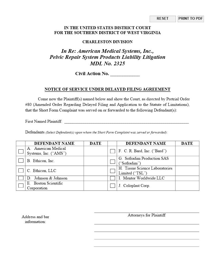 Notice Of Service Under Delayed Filing Agreement (MDL 2325) | Pdf Fpdf Docx | West Virginia