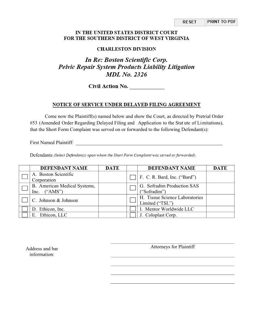 Notice Of Service Under Delayed Filing Agreement (MDL 2326) | Pdf Fpdf Docx | West Virginia
