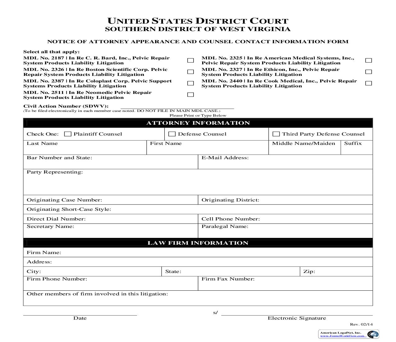 Notice of Attorney Appearance And Counsel Contact Information | Pdf Fpdf Doc Docx | West Virginia