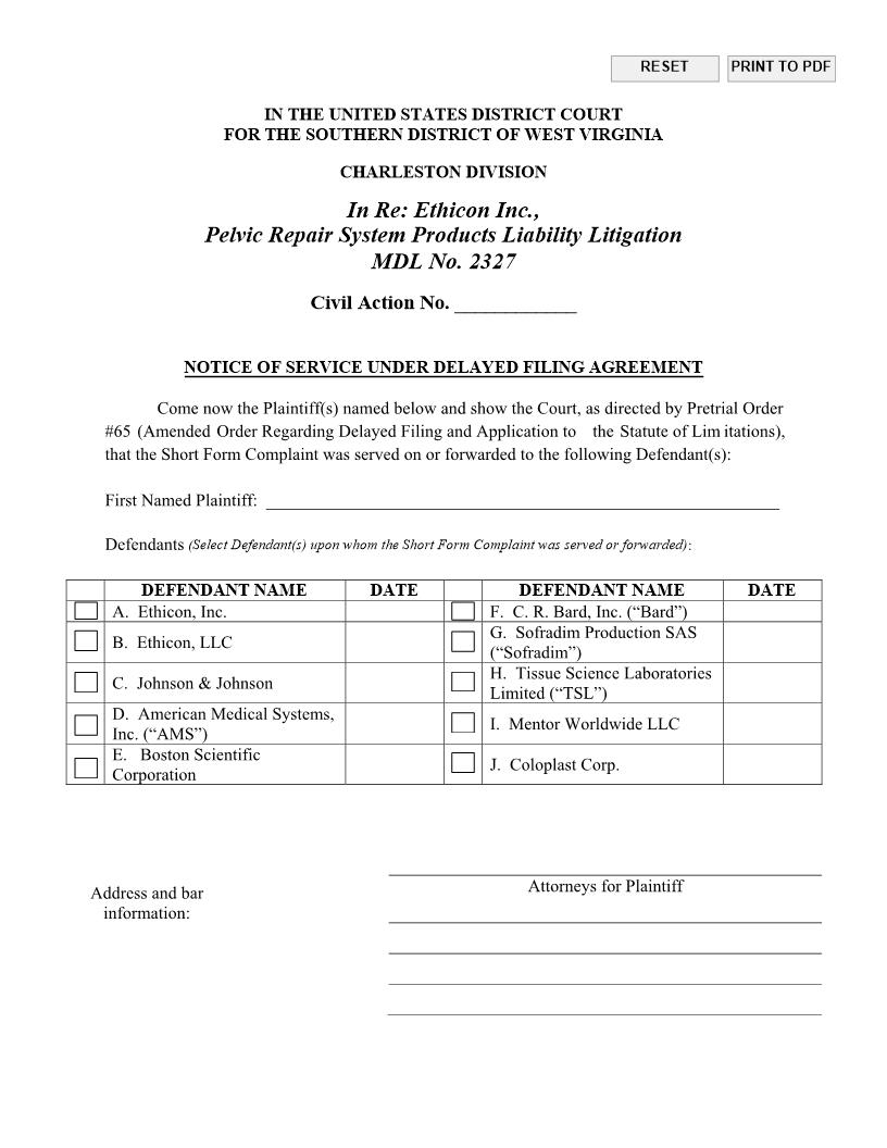 Notice of Service under Delayed Filing Agreement (MDL 2327) | Pdf Fpdf Docx | West Virginia