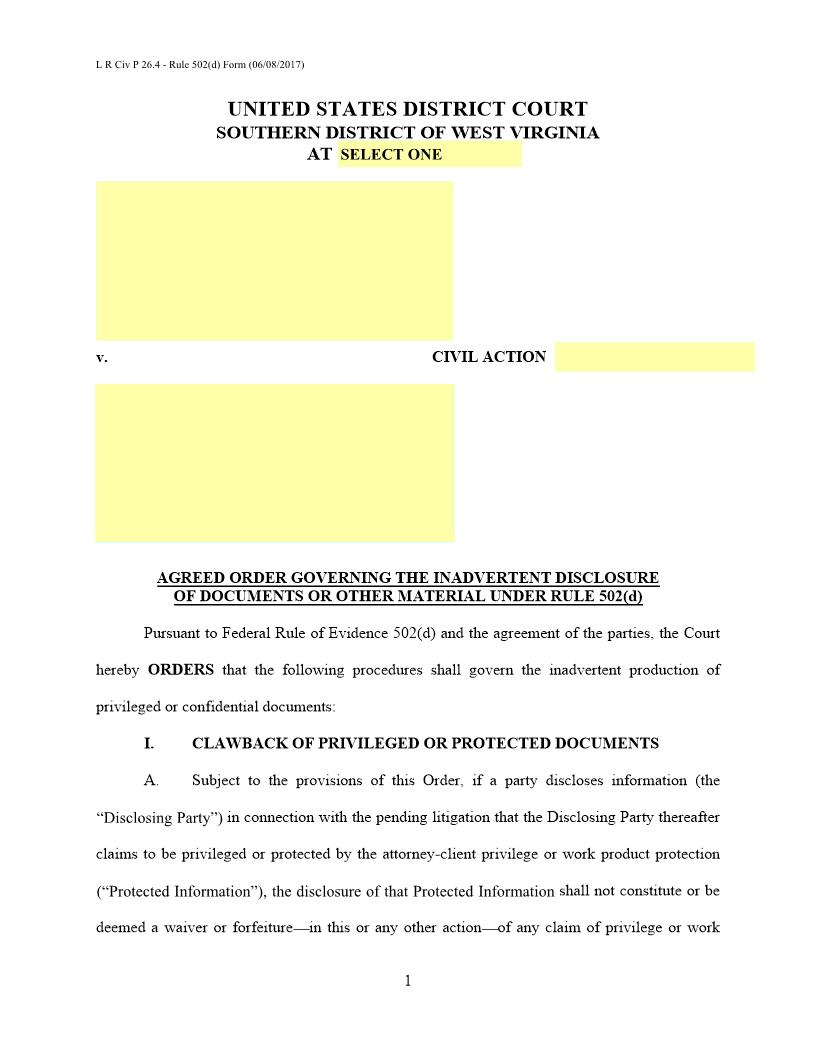 Order Governing The Inadvertent Disclosure Of Documents Or Other Materials (Rule 502(d))  | Pdf Fpdf Docx | West Virginia
