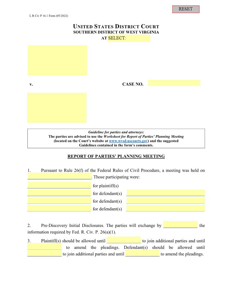 Report Of Parties Planning Meeting (LRCivP16.1 Form) | Pdf Fpdf Docx | West Virginia