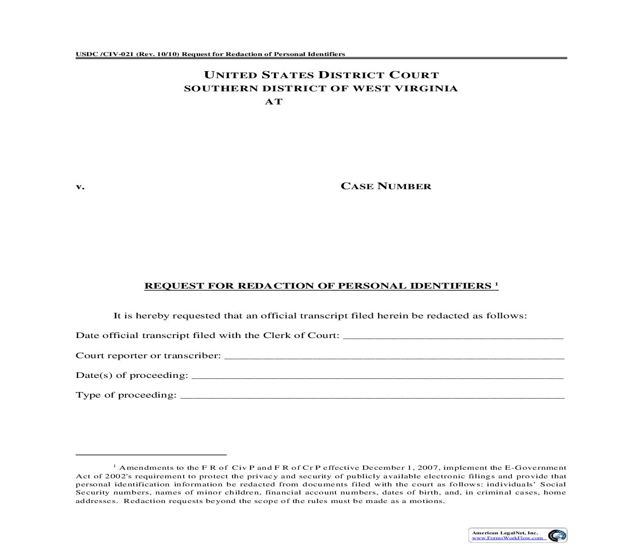 Request For Redaction Of Personal Identifiers {CIV-021} | Pdf Fpdf Doc Docx | West Virginia