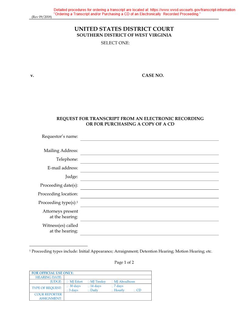 Request For Transcript From An Electronic Recording Or For Purchasing A Copy | Pdf Fpdf Docx | West Virginia