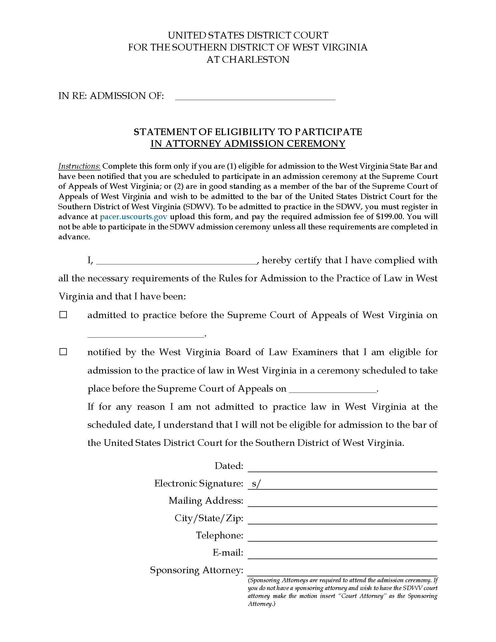 Statement Of Eligibility To Participate In Group Attorney Admission Ceremony | Pdf Fpdf Docx | West Virginia
