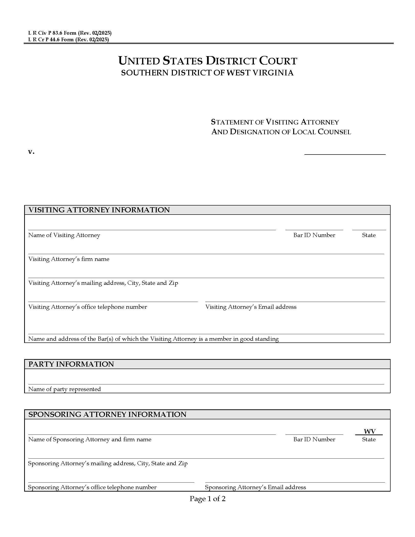 Statement Of Visiting Attorney And Designation Of Local Counsel (LRCivP83.6 Or LRCrP44.6) | Pdf Fpdf Docx | West Virginia