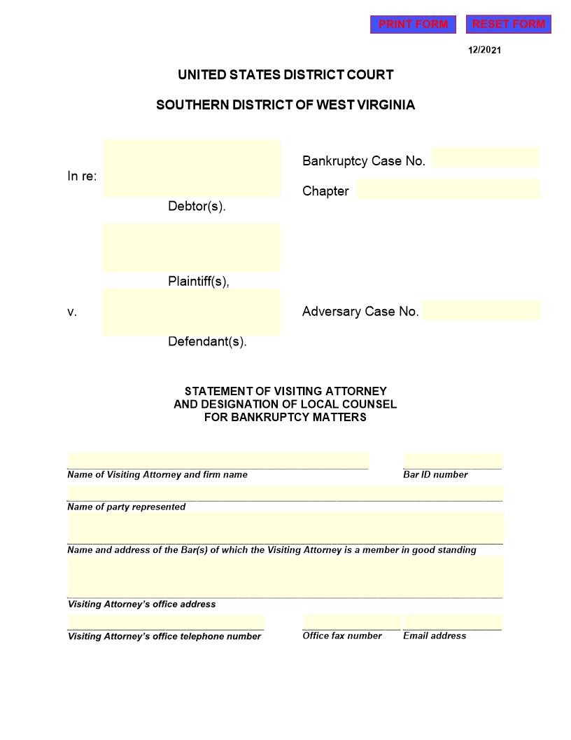 Statement Of Visiting Attorney And Designation Of Local Counsel For Bankruptcy Matters | Pdf Fpdf Docx | West Virginia