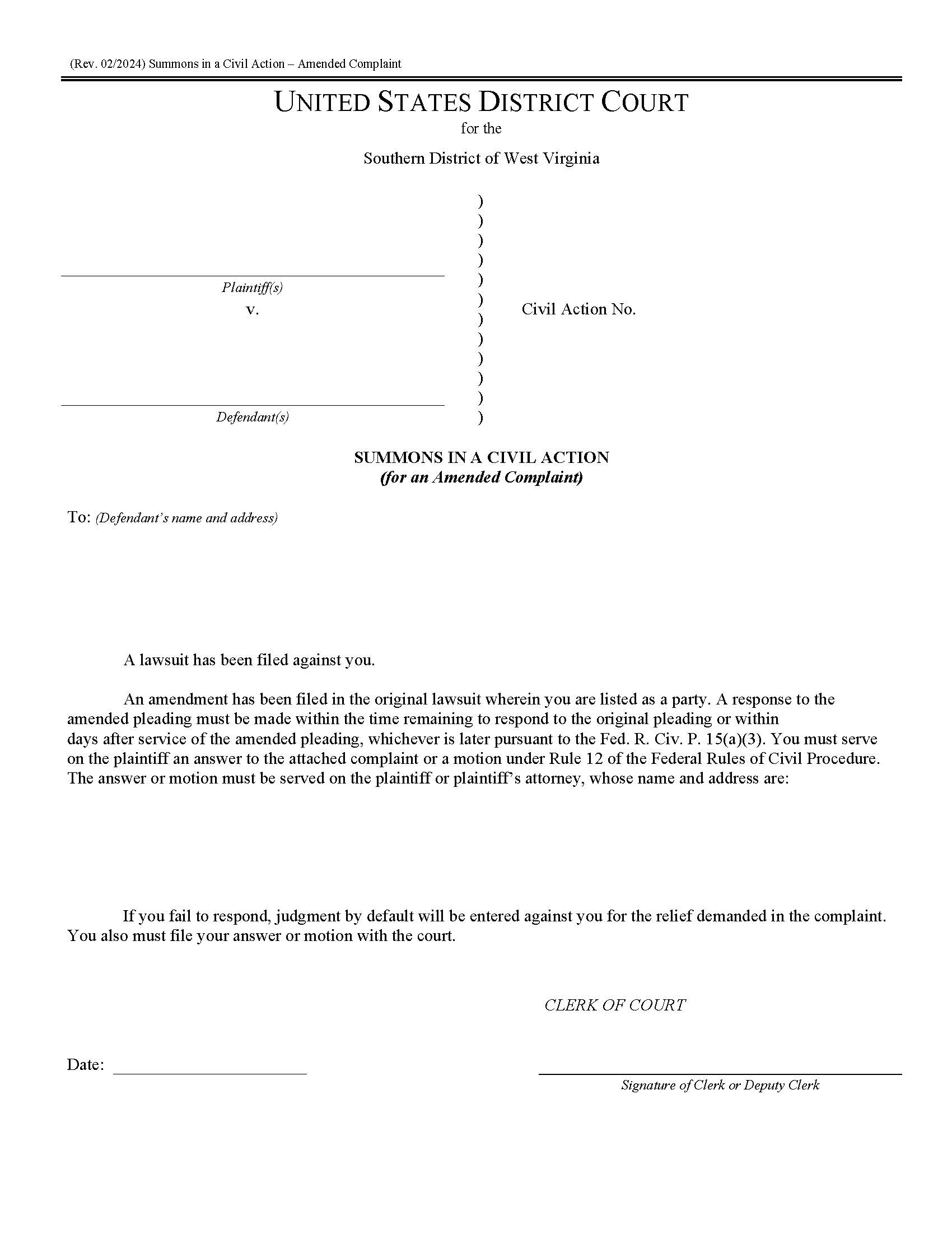 Summons In A Civil Action (For An Amended Complaint) | Pdf Fpdf Docx | West Virginia