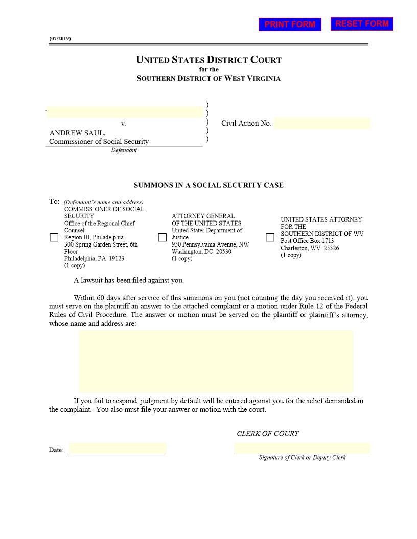 Summons In A Social Security Case | Pdf Fpdf Docx | West Virginia