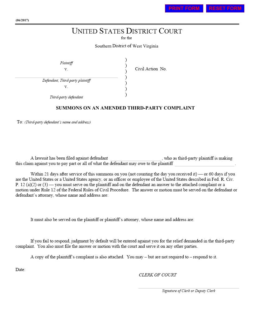 Summons On An Amended Third-Party Complaint | Pdf Fpdf Docx | West Virginia