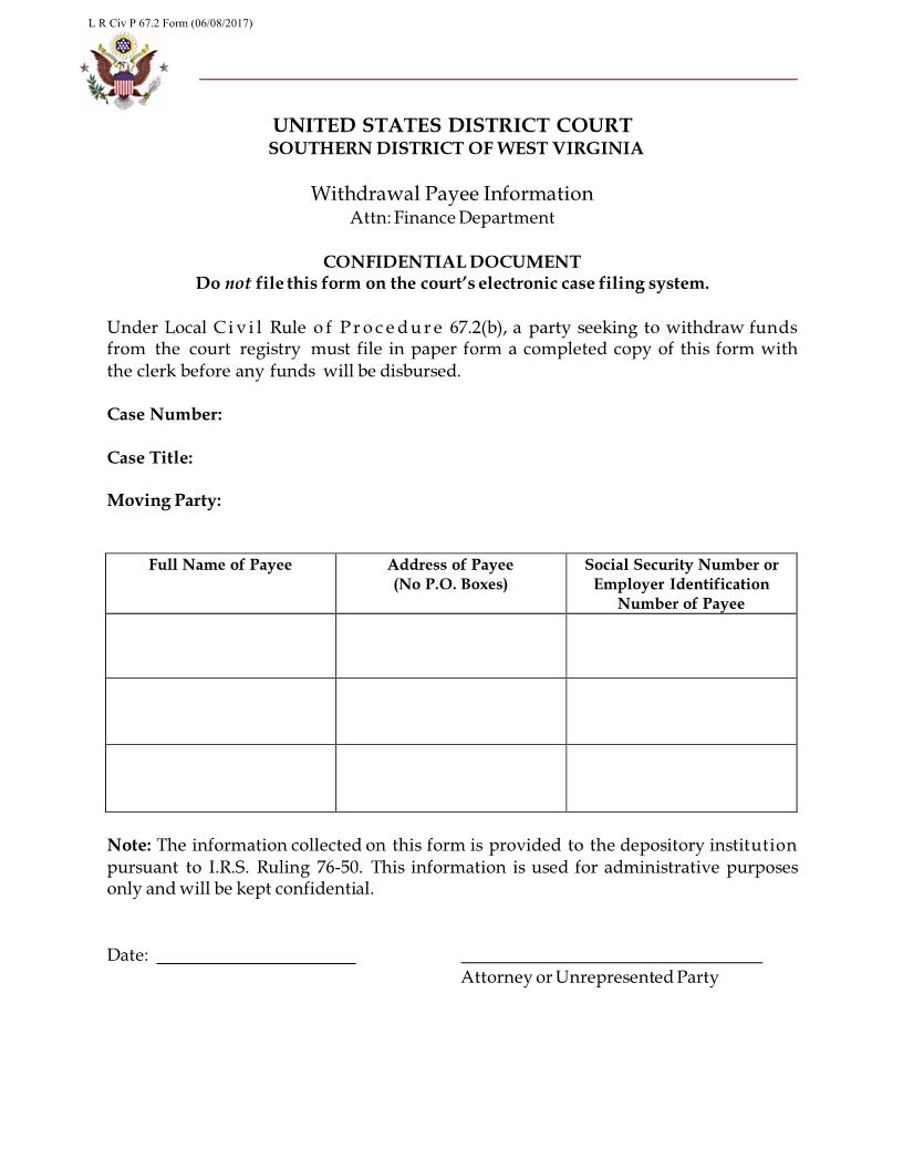 Withdrawal Payee Information (LRCivP67.2) | Pdf Fpdf Docx | West Virginia