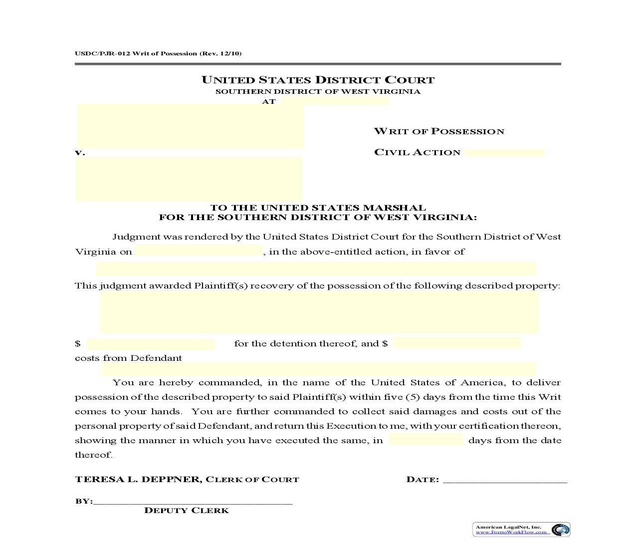 Writ Of Possession {PJR-012} | Pdf Fpdf Doc Docx | West Virginia