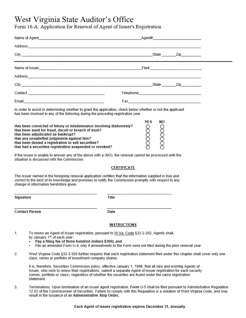 Form 16-A Application For Renewal Of Agent Of Issuer Registration {16-A} | Pdf Fpdf Docx | West Virginia