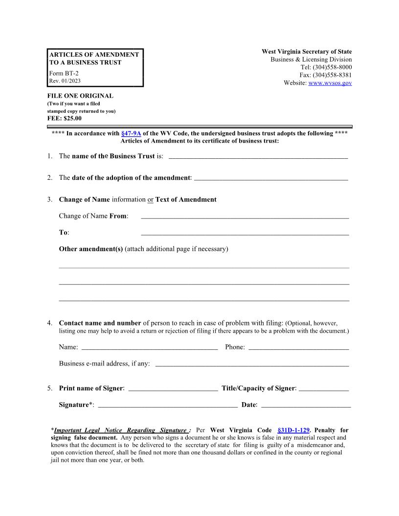 Amendment To Business Trust {BT-2} | Pdf Fpdf Docx | West Virginia