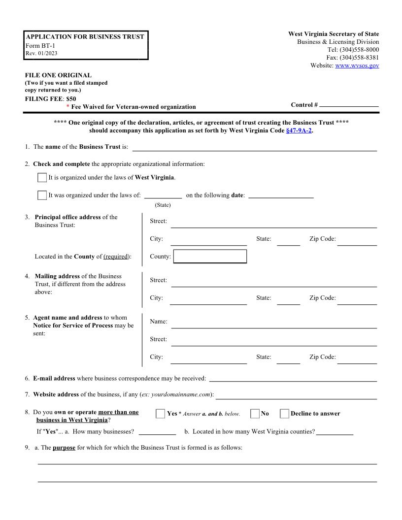 Application For Business Trust {BT-1} | Pdf Fpdf Docx | West Virginia
