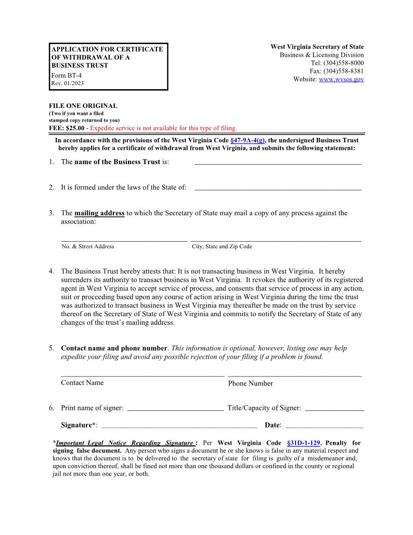 Application For Certificate Of A Business Trust (Foreign) {BT-4} | Pdf Fpdf Docx | West Virginia